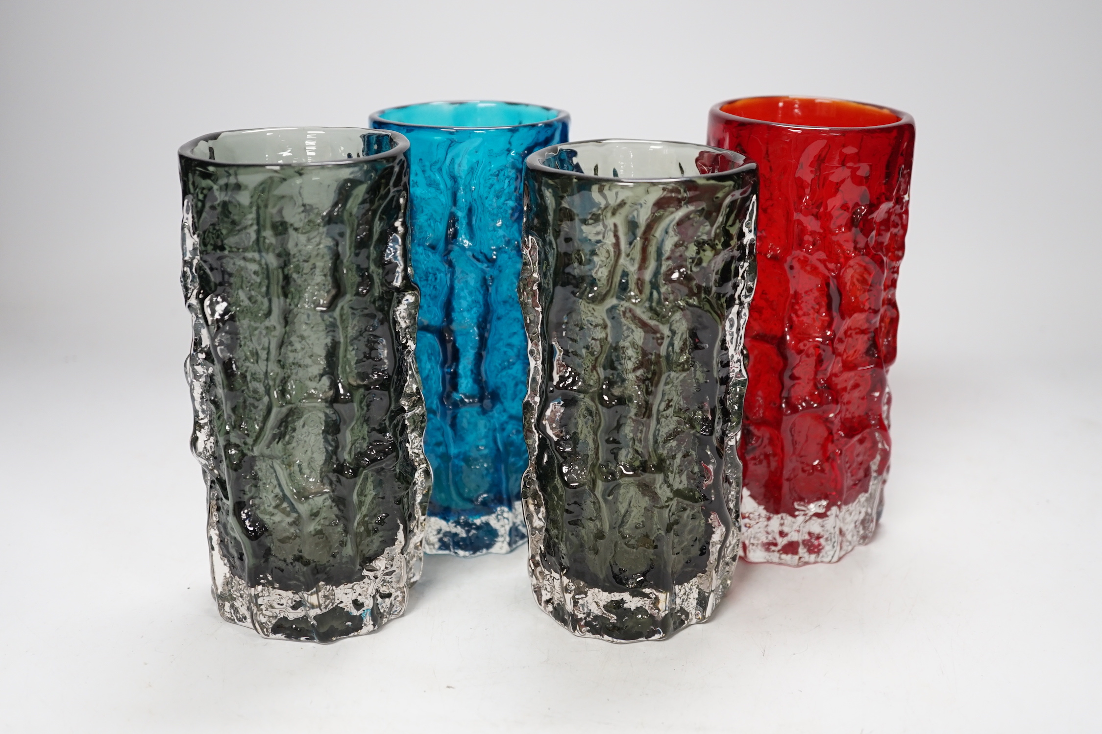 A pair and two other Whitefriars ‘Bark’ vases in kingfisher blue, ruby red and pewter, 15.5cm